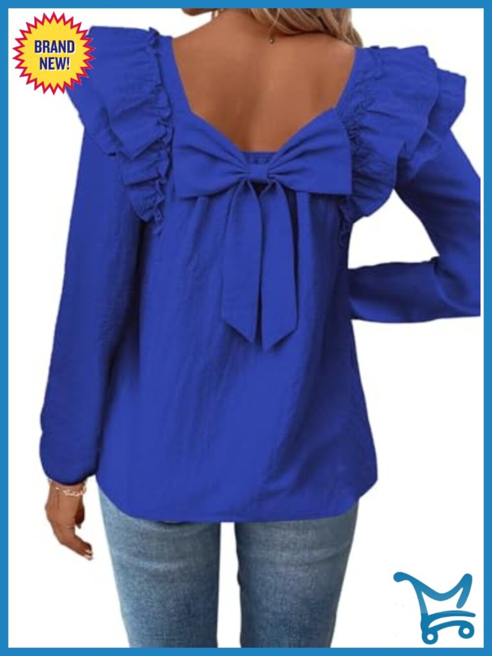 Womens Bow Tie Back Babydoll Top Square Neck Long Sleeve Blouse